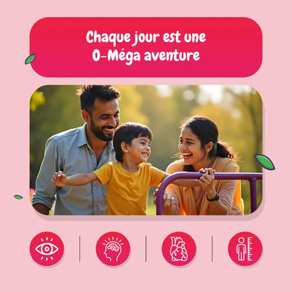 Gommes Omega 3-6-9 pour enfants, visuel d’aventure quotidienne et pictogrammes bienfaits.
