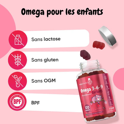 Gommes Omega 3-6-9 pour enfants : sans lactose, sans gluten, sans OGM, BPF.