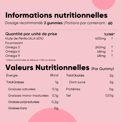 Informations nutritionnelles des gommes Omega 3-6-9 pour enfants : 2 gommes par jour.