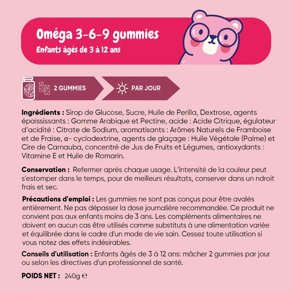 Gommes Omega 3-6-9 pour enfants 3 à 12 ans : ingrédients et conseils d’utilisation.