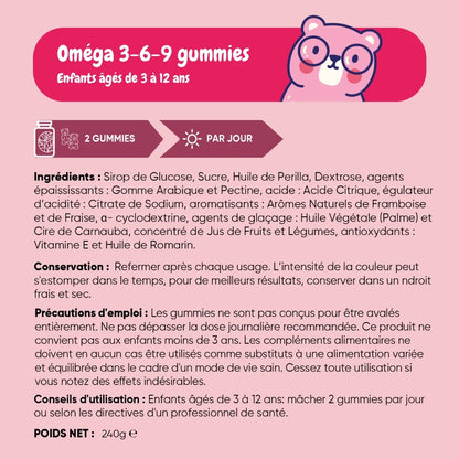 Gommes Omega 3-6-9 pour enfants 3 à 12 ans : ingrédients et conseils d’utilisation.