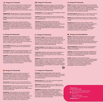 Étiquette d’informations multilingues pour gommes Omega 3-6-9 : composition et conservation.