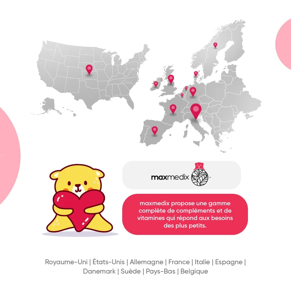 Flacon maxmedix de gommes Omega 3-6-9 pour enfants, carte des pays de vente.