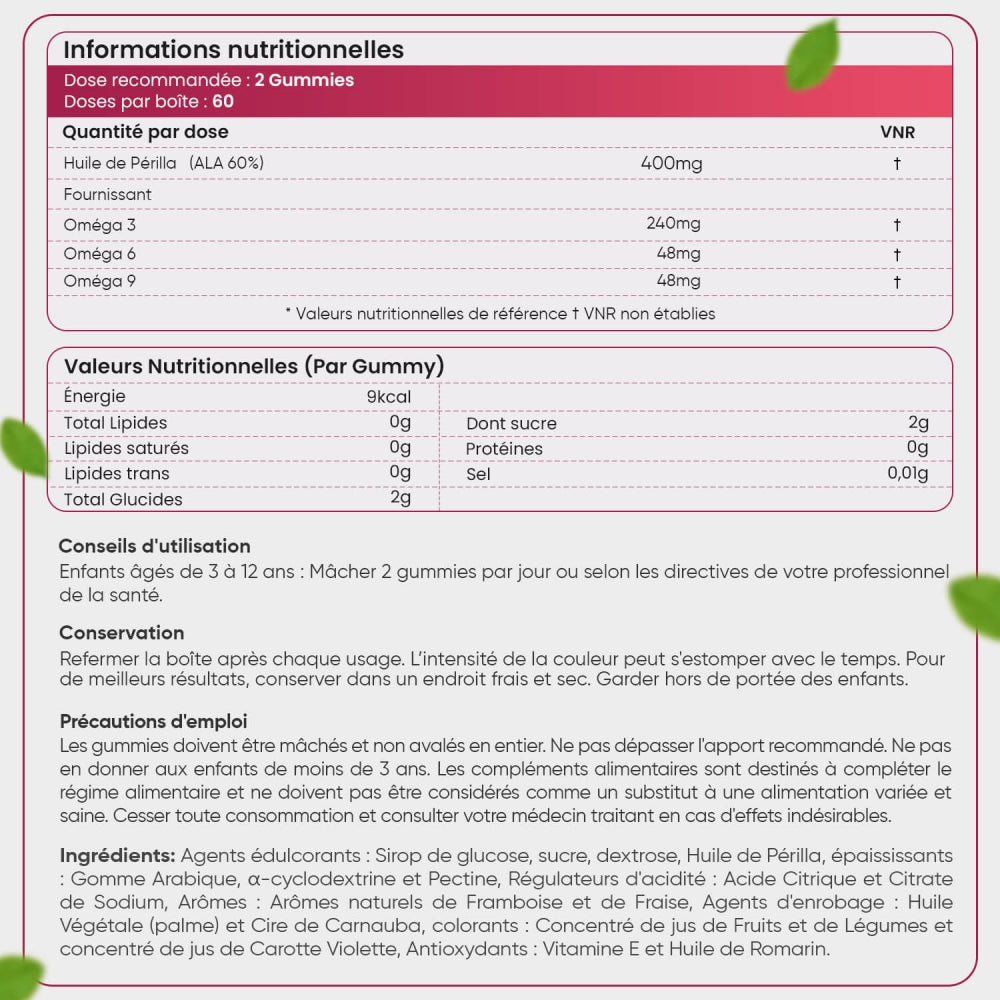 Informations nutritionnelles des Gummies oméga pour enfants de WeightWorld