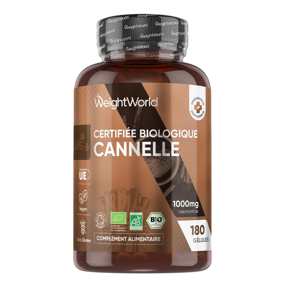 Bocal de gélules de cannelle bio WeightWorld, 180 gélules, 1000 mg par portion