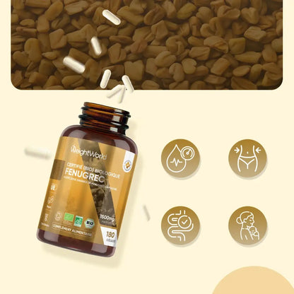 Fenugrec bio en gélules WeightWorld : flacon brun avec gélules blanches