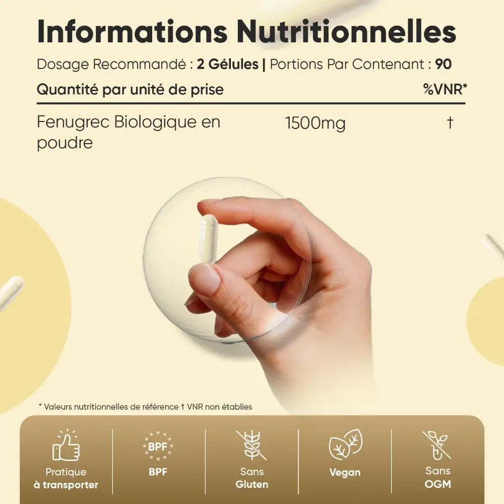 Informations nutritionnelles Fenugrec bio en gélules, main tenant une gélule