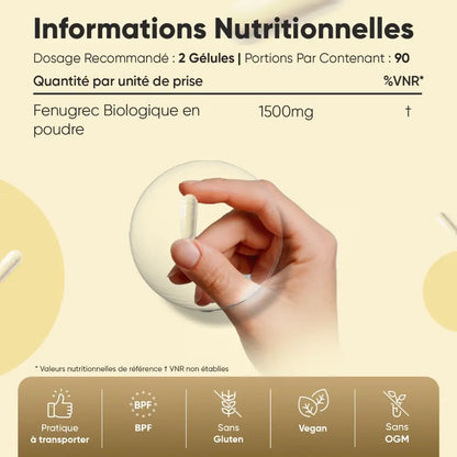 Informations nutritionnelles Fenugrec bio en gélules, main tenant une gélule