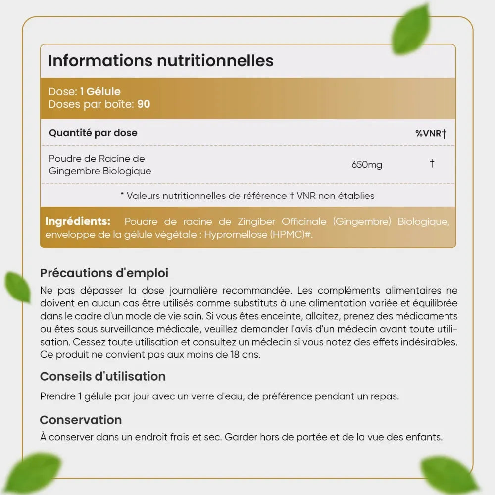 Informations nutritionnelles du gingembre bio en gélules