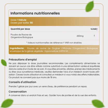 Informations nutritionnelles du gingembre bio en gélules
