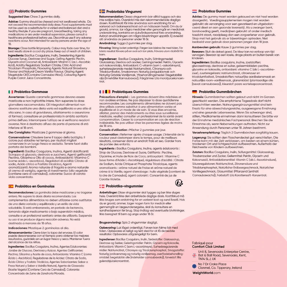 Fiche d’informations produit en plusieurs langues : gommes probiotiques