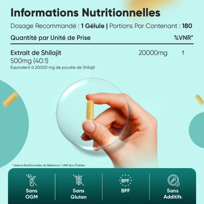 Capsule jaune de shilajit, informations nutritionnelles 20000 mg visibles.