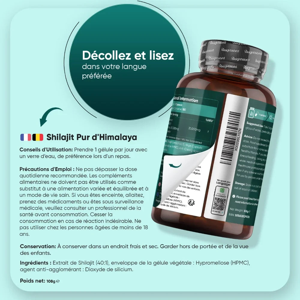 Flacon Shilajit pur de l’Himalaya WeightWorld, étiquette au dos avec conseils.