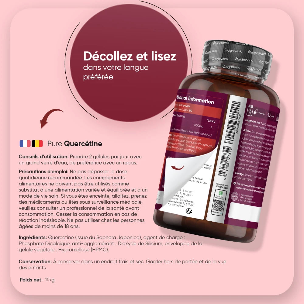 Flacon Quercétine avec étiquette au verso, texte “Décollez et lisez” visible