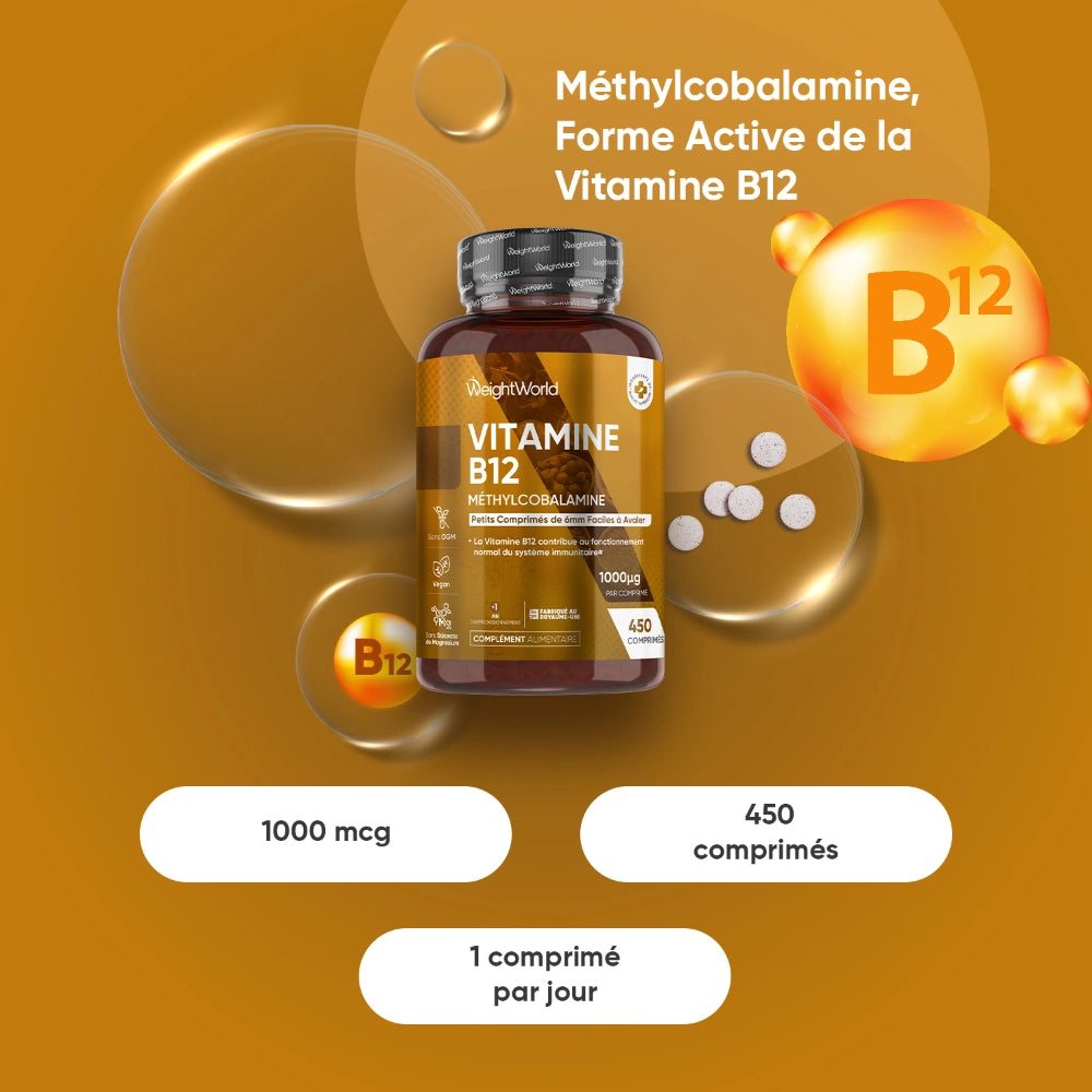Flacon de vitamine B12 méthylcobalamine WeightWorld, 1000 µg et 450 comprimés