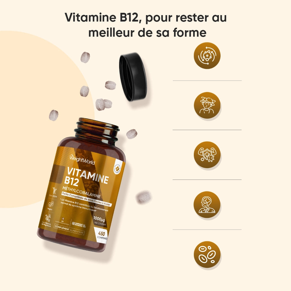Flacon de vitamine B12 WeightWorld avec bouchon ouvert et pastilles