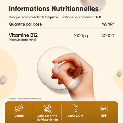 Étiquette nutritionnelle : vitamine B12 1000 µg, 1 comprimé, 450 portions WeightWorld