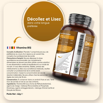Flacon de vitamine B12 WeightWorld avec étiquette d’utilisation et conseils