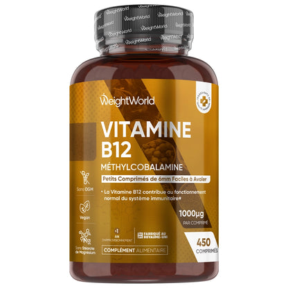 Bouteille de vitamine B12 méthylcobalamine 1000 µg WeightWorld, 450 comprimés