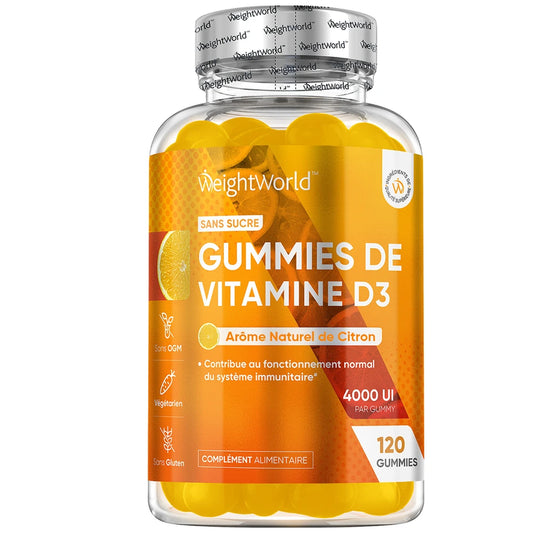 Bocal de gummies vitamine D3, arôme naturel citron, 120 gummies, sans sucre