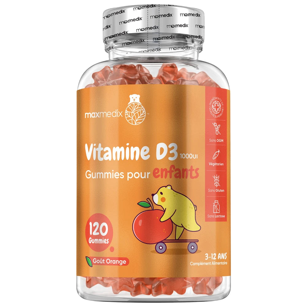 Bocal de gummies vitamine D3 pour enfants, goût orange, 120 unités