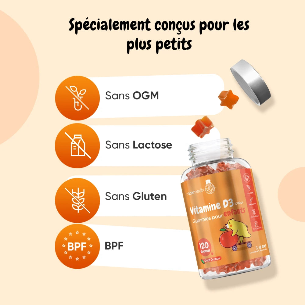 Gummies vitamine D3 pour enfants : sans OGM, sans lactose, sans gluten, BPF