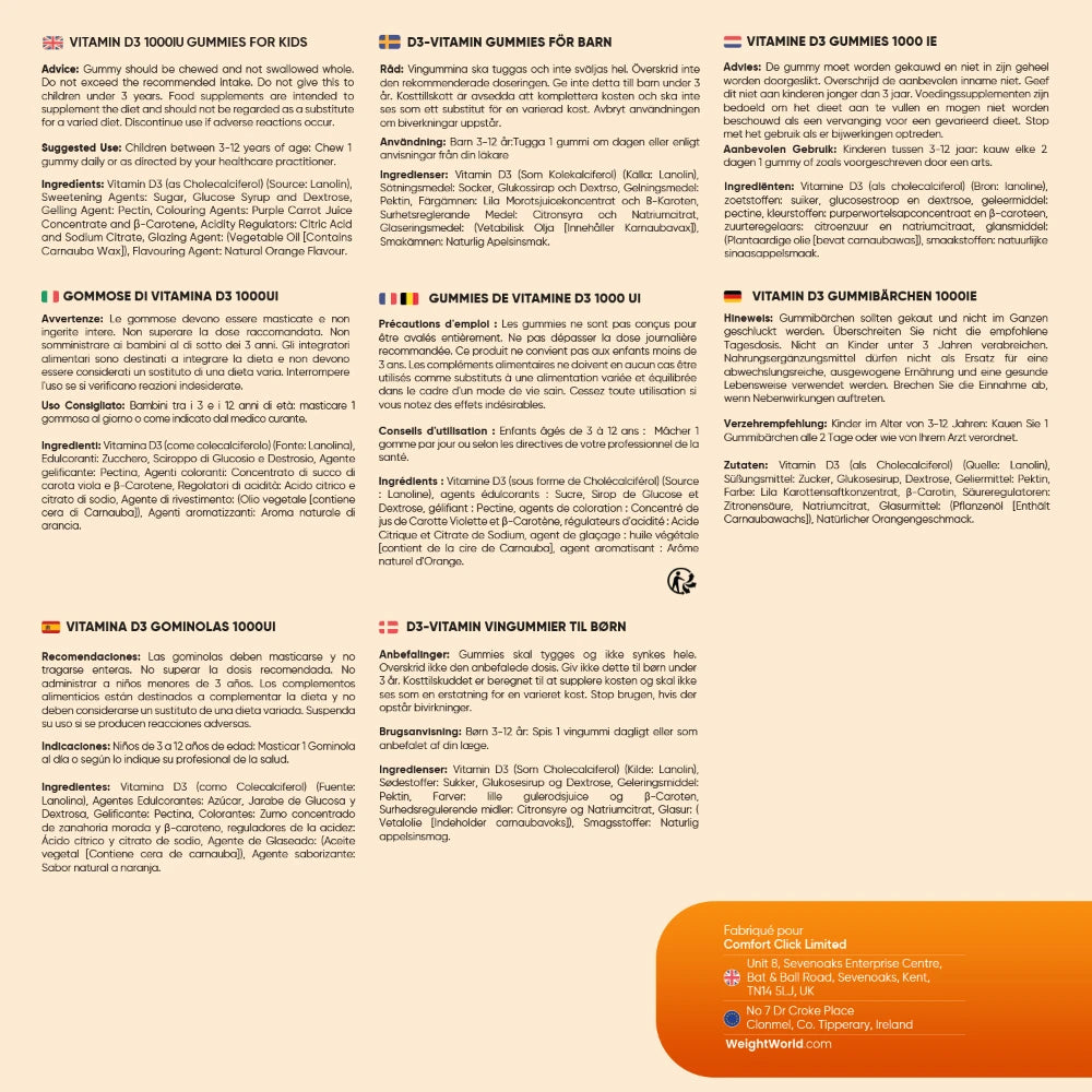Fiche produit des gummies vitamine D3 : composition, indications et informations