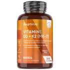 Flacon brun vitamine D3 + K2 (MK-7), étiquette orange, 365 comprimés