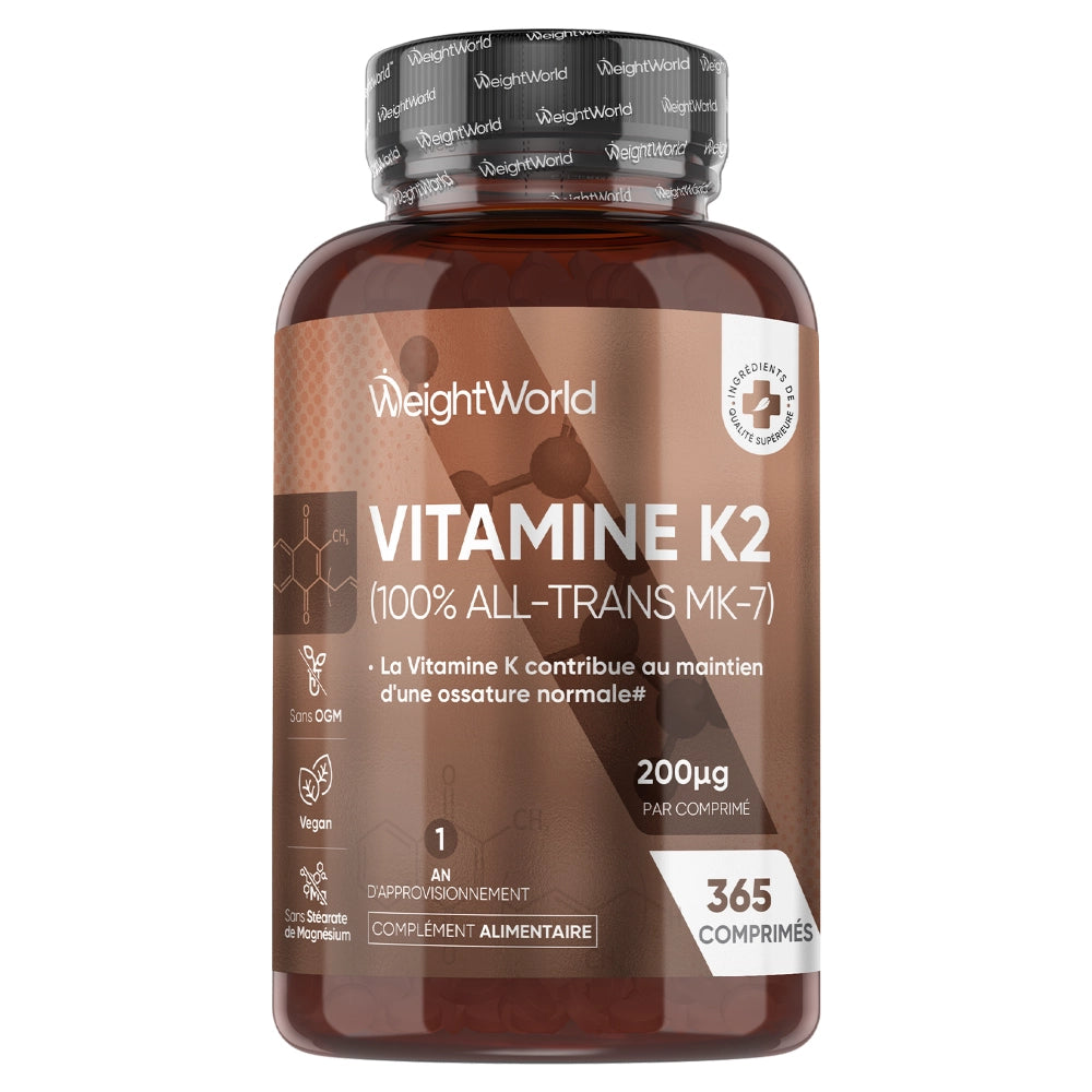 Flacon brun WeightWorld K2 MK-7, vue rapprochée avec pictogrammes et mentions 365 comprimés.