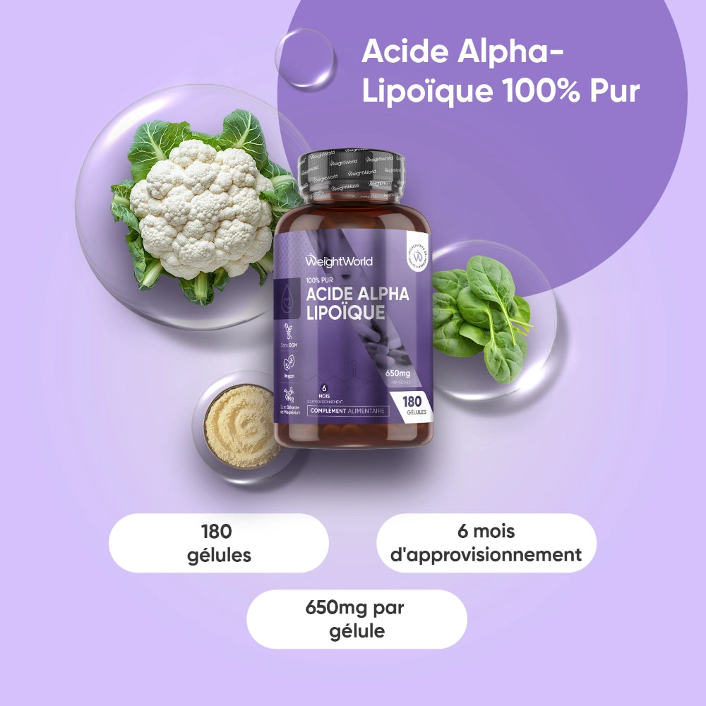 Bouteille d’Acide alpha-lipoïque 100% pur WeightWorld, 180 gélules, 650 mg par gélule