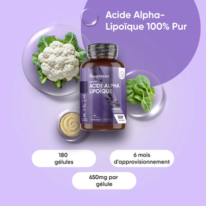 Bouteille d’Acide alpha-lipoïque 100% pur WeightWorld, 180 gélules, 650 mg par gélule