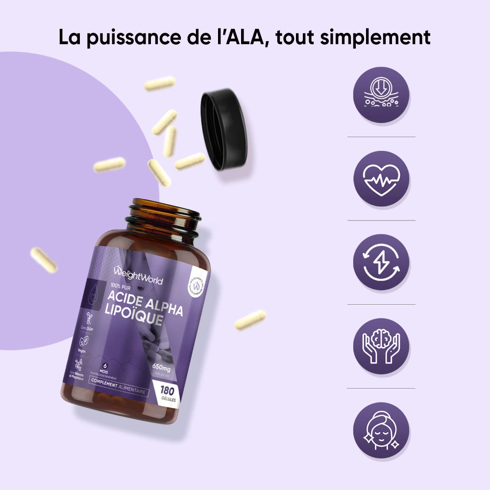 Bouteille d’Acide alpha-lipoïque pur WeightWorld avec capuchon ouvert