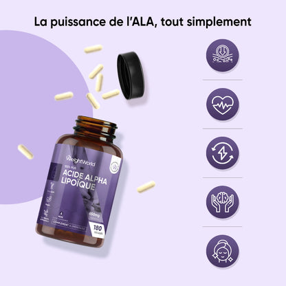 Bouteille d’Acide alpha-lipoïque pur WeightWorld avec capuchon ouvert