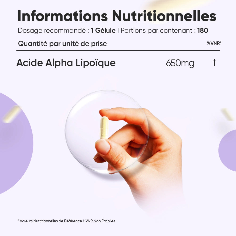Gélule d’Acide alpha-lipoïque WeightWorld, 650 mg, informations nutritionnelles