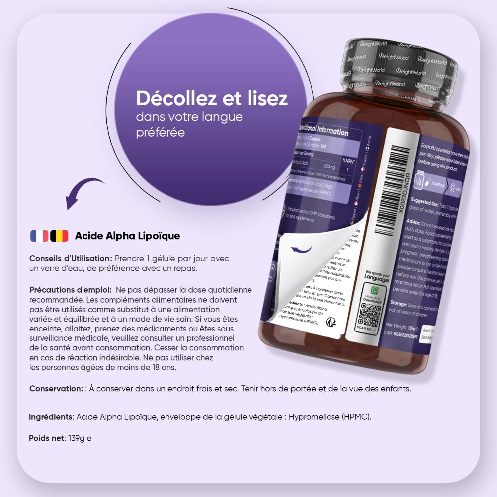 Bouteille d’Acide alpha-lipoïque WeightWorld, consignes d’utilisation et conservation