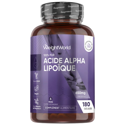 Bouteille d’Acide alpha-lipoïque pur WeightWorld, 180 gélules, 650 mg