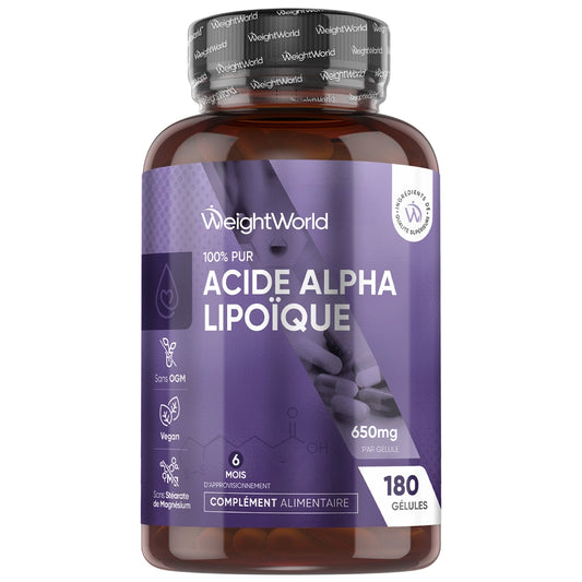 Bouteille d’Acide alpha-lipoïque pur WeightWorld, 180 gélules, 650 mg