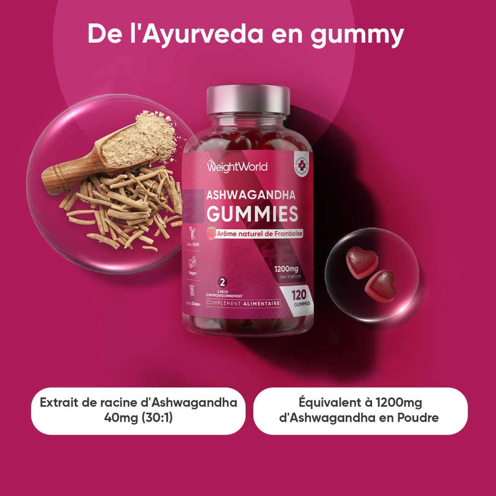Bocal de gummies à l’ashwagandha WeightWorld avec coeurs gummy et extrait
