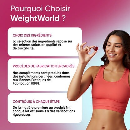 Gummies à l’ashwagandha WeightWorld avec femme souriante et texte promotionnel