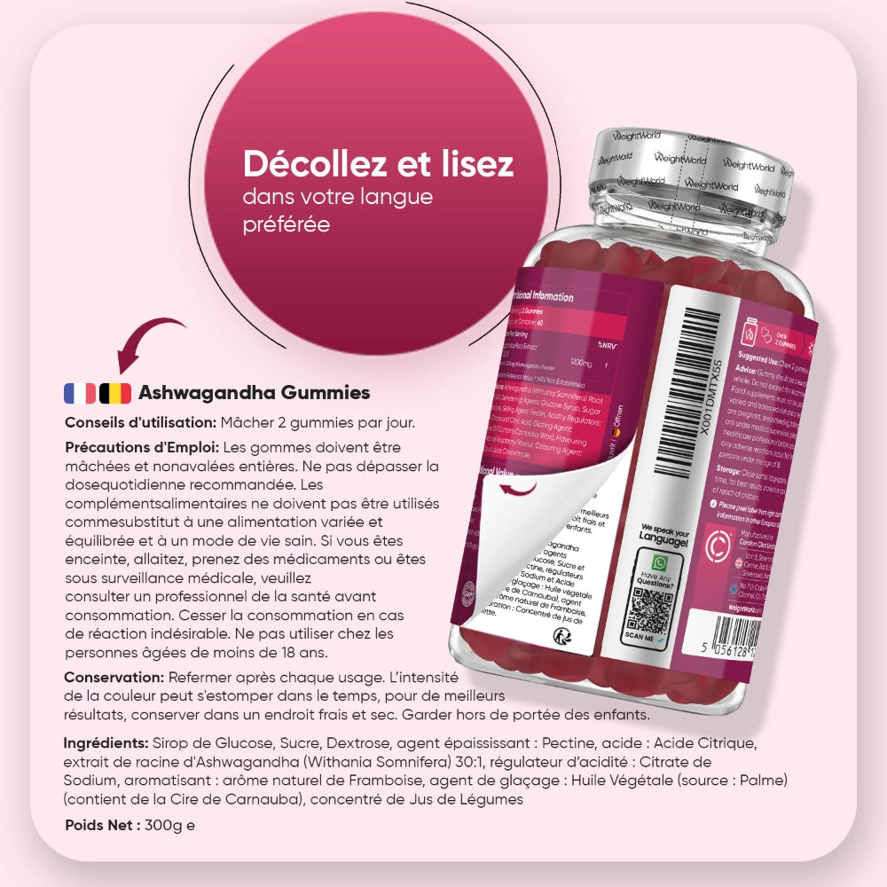 Bocal de gummies à l’ashwagandha WeightWorld : conseils et ingrédients sur l’étiquette