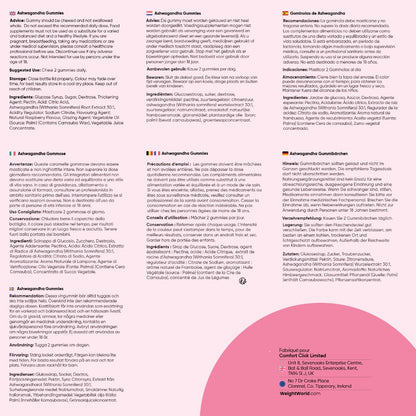 Informations multilingues pour les gummies à l’ashwagandha WeightWorld, texte en colonnes