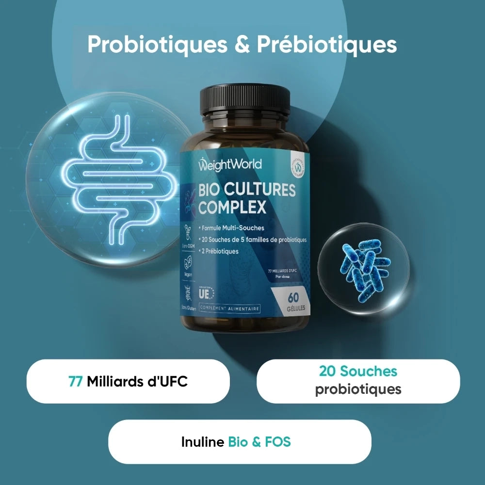 Pot de probiotiques WeightWorld avec pictogrammes, infos “20 souches”