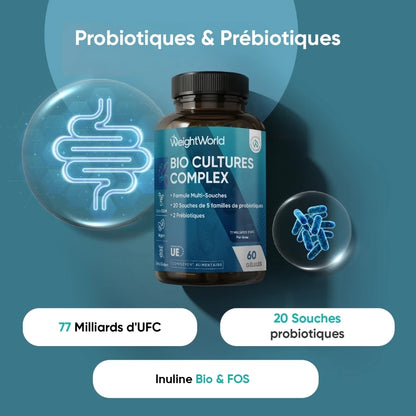 Pot de probiotiques WeightWorld avec pictogrammes, infos “20 souches”