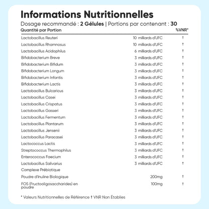 Tableau des informations nutritionnelles du complément probiotiques en gélules