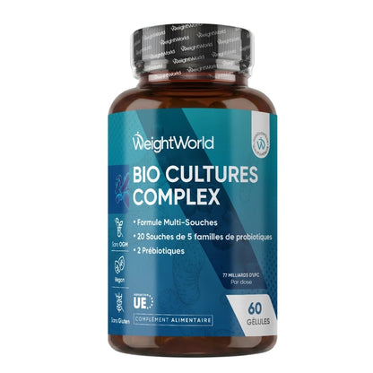 Pot de complément probiotiques en verre brun, étiquette bleue WeightWorld