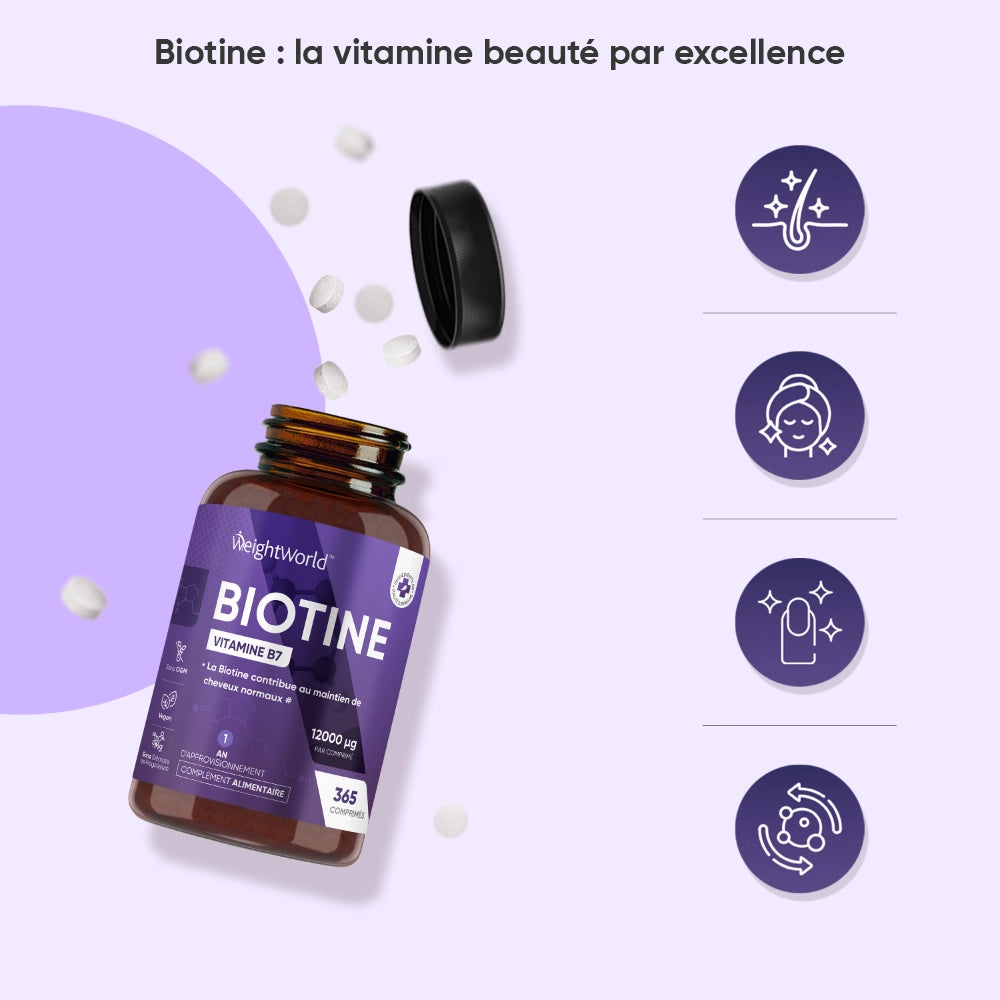 Bocal de biotine vitamine B7 avec comprimés, visuels promotionnels