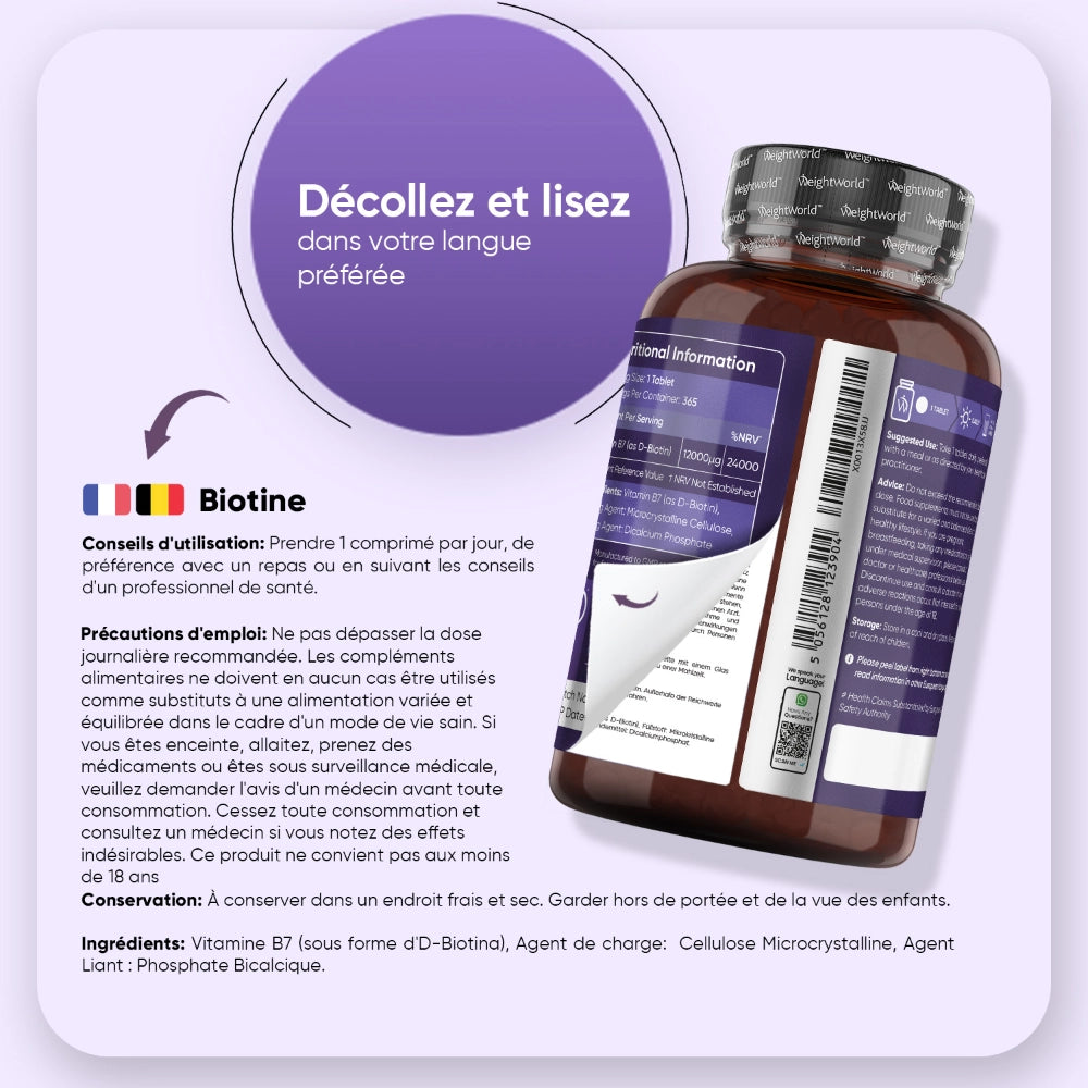 Arrière du bocal de biotine, informations produit et précautions d’emploi