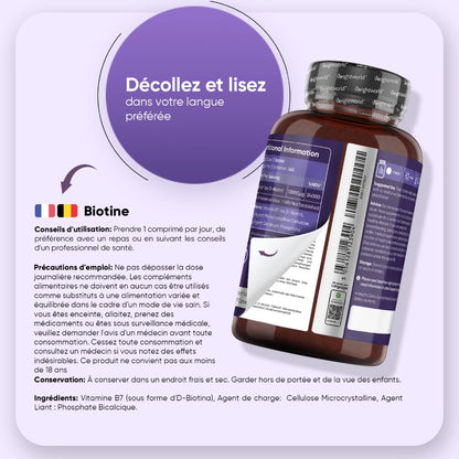 Arrière du bocal de biotine, informations produit et précautions d’emploi