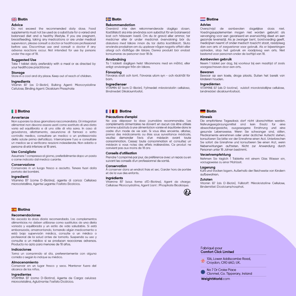 Page d’informations sur la biotine, mentions nutritionnelles et conseils d’usage