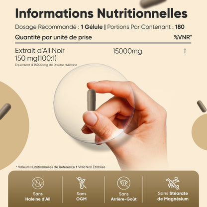 Complément d’ail noir fermenté, main tenant une gélule, informations nutritionnelles 15000 mg